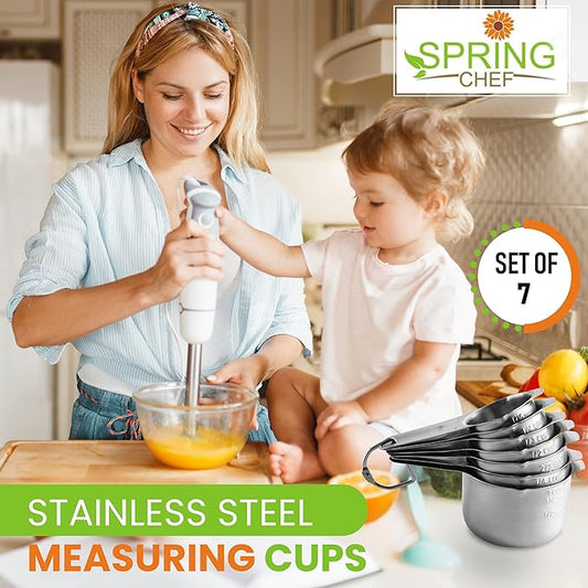 Spring Chef Stainless Steel Measuring Cups, Set of 7 & Set of 3 Cutting Boards for Kitchen With Soft Grip Handles, Black - 2 Product Bundle