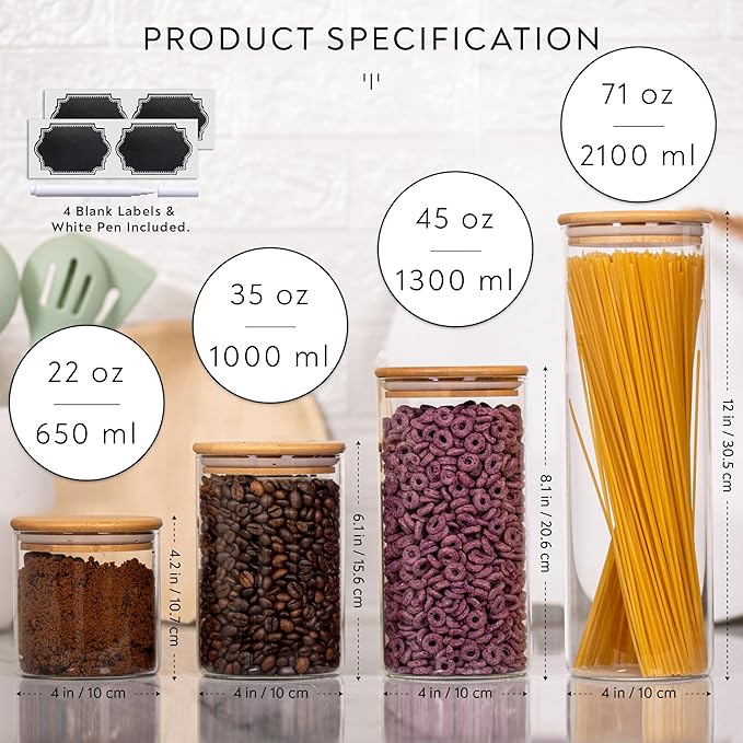 Laramaid Glass Jar Set (2x22oz/2x35oz/2x45oz) Set of 6 with 160 Minimalist Pantry Labels, Round Canister Jars with Bamboo Lids and Transparent Customized Sticker Labels, Food Storage Containers