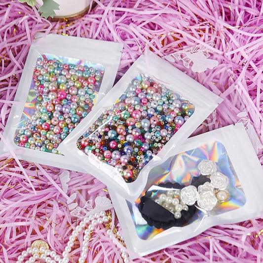 100 Pcs Holographic Bags White Packaging Bags Mylar Bags with Clear Window for Food Storage Resealable Bags Small Business (4×6Inch)