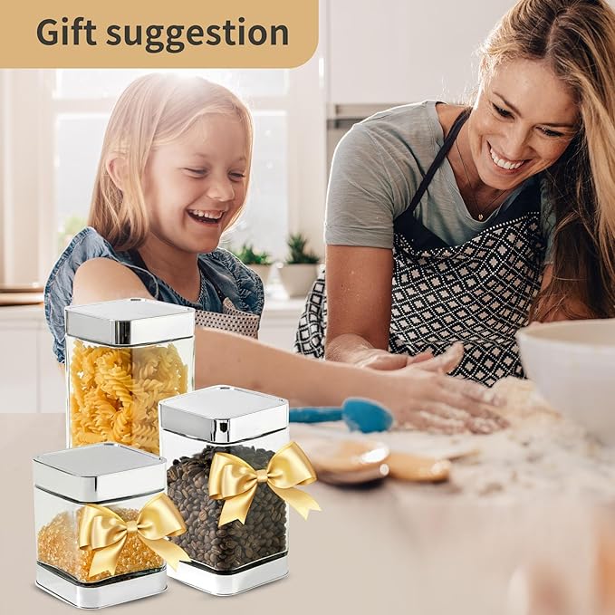 Glass Storage Jars-Large Kitchen Glass Canisters with Airtight Lids -Coffee Pasta Sugar Tea Snack Nuts Cookie Flour Food Container - Set of 3， Silver
