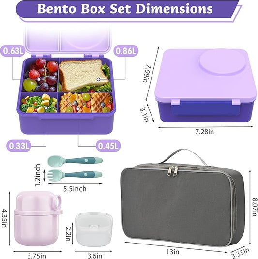 Bento Lunch Box for Kids with 12oz Soup Thermo, Leak-Proof Lunch Containers with 5 Compartments, Insulated Lunch Bag, Thermo Hot Food Jar with Spoon for Kids to School, Travel, Purple