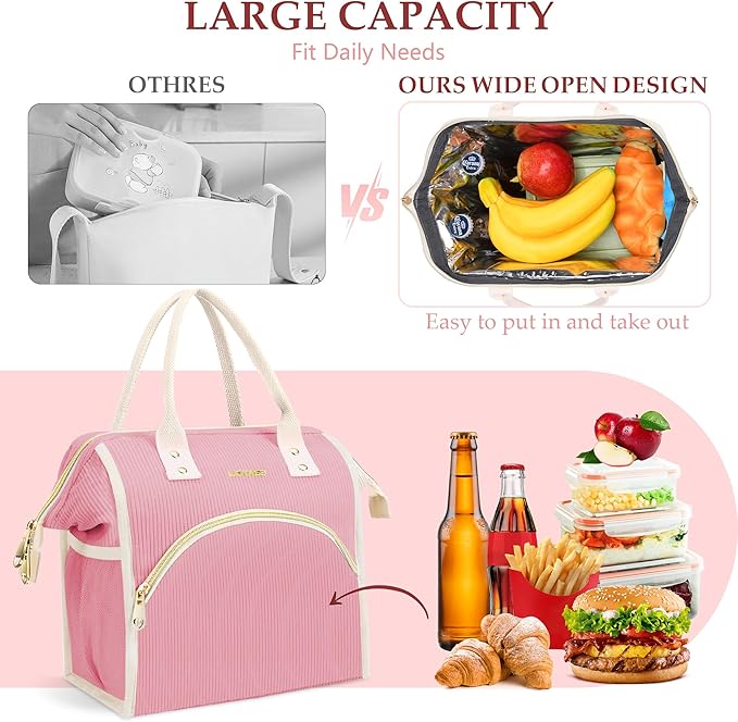 LOKASS Lunch Bag Women Insulated Lunch Box Wide-Open Lunch Tote Bag Large Cooler Bag for Work Picnic Hiking Beach（Pink）