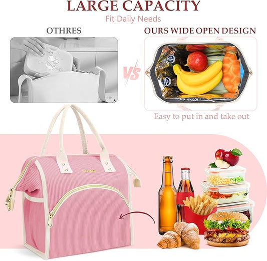 LOKASS Lunch Bag Women Insulated Lunch Box Wide-Open Lunch Tote Bag Large Cooler Bag for Work Picnic Hiking Beach（Pink）