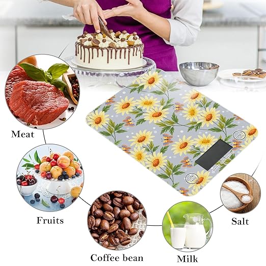 Food Scale Kitchen Scale for Baking Cooking Digital Food Weighing Measuring Scale Small Waterproof Electric Food Scale Yellow Sunflowers