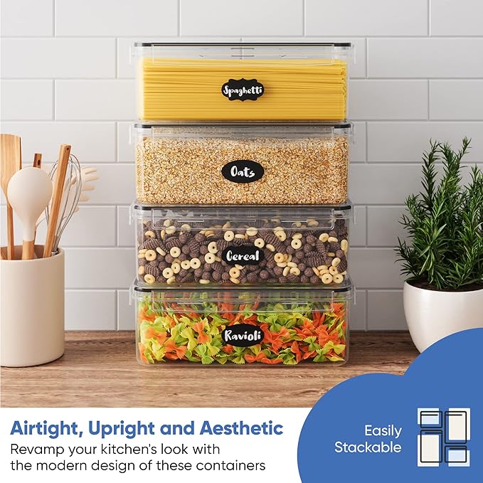 Airtight Food Storage Containers with Lids (Set of 4/3.6 Liters Each), Plastic Spaghetti Container for Pasta & Dry Food Storage, BPA Free Pantry Organizer Set with Kitchen Accessories