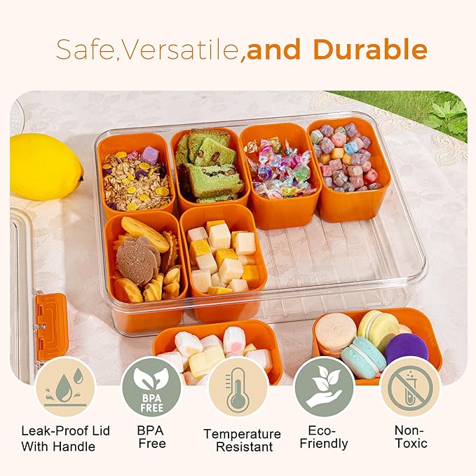 U-QE Dishwasher Safe Snackle Box Container with 8 Small Snacks Box - Premium Orange Plastic Divided Serving Tray with Lid and Handle for Snack, Veggie, Fruits, Perfect for Party, Picnic,Entertaining