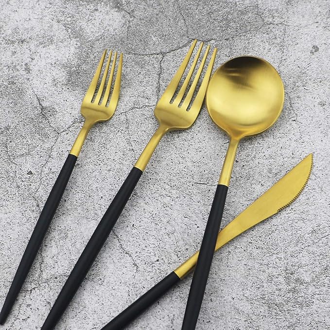 20-Piece 18/10 Stainless Steel Flatware Silverware, Luxury Dinnerware Set Travel Cutlery Tableware Include Knife Fork Spoon Service for 4, Dishwasher Safe (Black Handle Matte Gold)