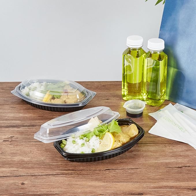 Restaurantware RW Base 12 Ounce Meal Prep Containers, 100 Microwavable To Go Containers With Lids - Disposable, Freezable, Black Plastic Oval Food Containers, Pack Hot And Cold Food, For Takeaway