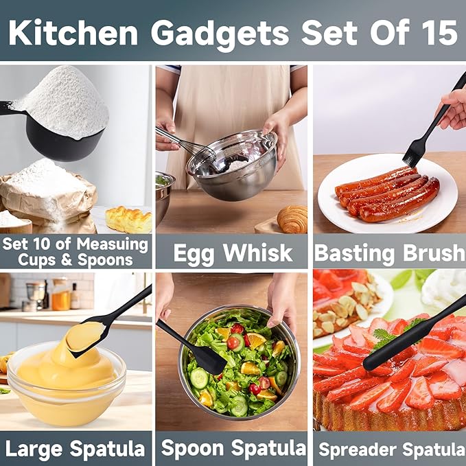 Mixing Bowls Set of 5,Stainless steel Nesting Bowls with Airtight Lids,Size 5, 4, 3.5, 2, 1.5QT for Baking,Cooking,Prepping and Saving Food (BLACK, 25PCS)