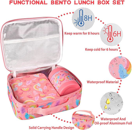 Rainbow Bento Lunch Box Set, 25.36 oz Capacity, Stainless Steel Insulated Soup Thermo, Leak-proof Bento Box, Microwave and Dishwasher Safe