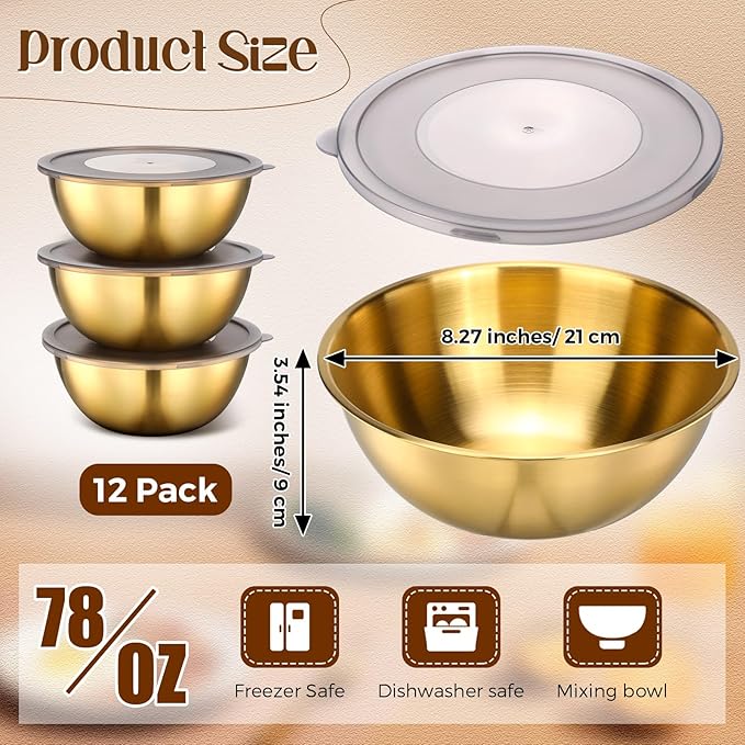 Nuogo 12 Pack 8.27 inches Gold Mixing Bowls with Airtight Lids Gold Serving Bowl Metal Salad Fruit Bowls Stainless Steel Soup Bowls Kitchen Accessories for Lunch Snack