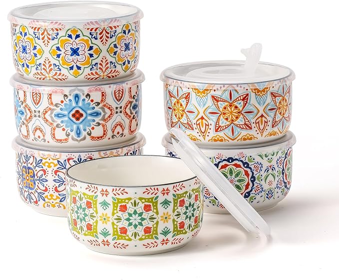 Ceramic Bowl with Lid: Microwave Safe Soup Containers Set of 6 for Meal Prep, Cereal, Salad, Picnic, Camping, Office Lunch, Kitchen Food Storage - 5 Inch, 20 oz, Design B