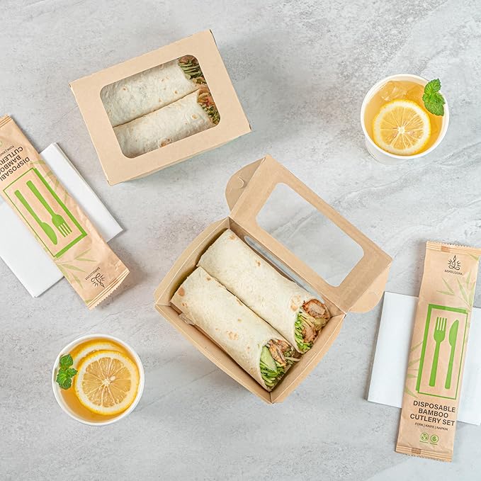 Restaurantware-Sustain 28 Ounce Sturdy Paper Take Out Boxes, 50 Disposable Take Out Food Containers - With PLA lining, Two Clear PLA Windows, Bamboo Paper Containers, Compostable, Tab-Lock Design