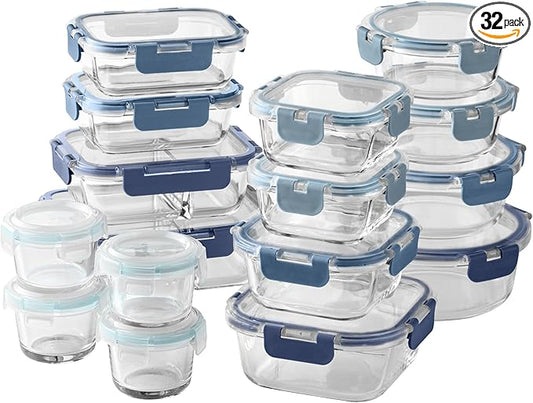 COOK WITH COLOR Premium 32-Pc. Borosilicate Glass Food Container Set with Dividers - 4 Rectangles, 8 Rounds, 4 Squares - Leakproof Lids - Meal Prep, Storage, Ombre Blue
