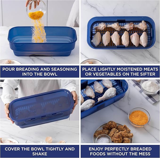 COOK WITH COLOR Collapsible Batter Bowl - Mess Free Breading Shaker Container - Great for Fried Fish, Fried Chicken, Onion Rings, Wings & More, Navy