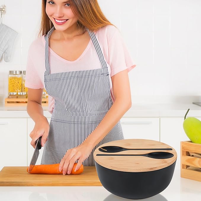 GEHE Bamboo Fiber Salad Bowl with Servers Set - Large 9.8 inches mixing bowls Solid Bamboo Salad Wooden Bowl with Bamboo Lid Spoon for Fruits,Salads and Decoration (Black, 9.8INCH)