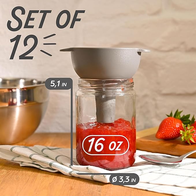 16 oz Glass Jars with Lids - Mason Style Regular Mouth Jars - 12 Pack - Airtight with Labels & Pen - Dishwasher Safe - Perfect for Canning, Pickling, Food Storage, Meal Prep & Homemade Jam