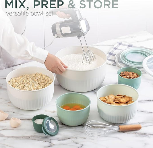 COOK WITH COLOR Prep Bowls with Lids- Wide and Deep Nesting Plastic Small Mixing Bowl Set with Lids, 12 Piece Set - Deep Bowls, Green