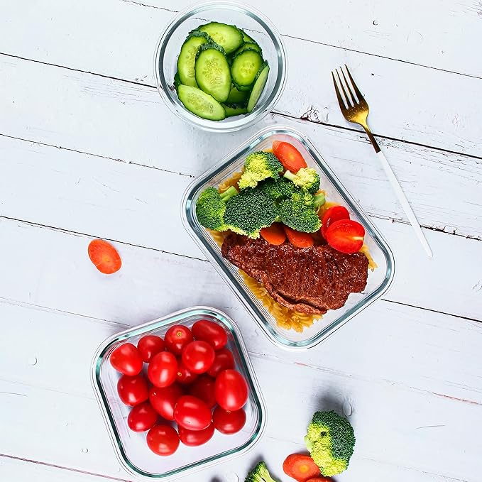 12 Pack Glass Meal Prep Containers with Airtight Lids, Leak-Proof Food Storage Containers, Dishwasher/Microwave/Oven/Freezer Safe Glass Containers for Lunch, Leftovers, to Go (Grey)