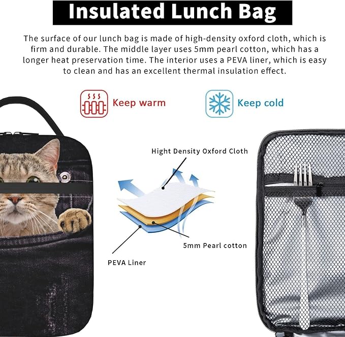 YETTA YANG Cute Funny 3d Cat Portable Lunch Bag Insulated Lunch Box Reusable Totes For Women Men Work Picnic Camping