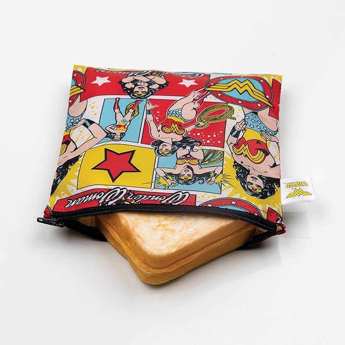 Bumkins Reusable Sandwich and Snack Bags, for Kids School Lunch and for Adults Portion, Washable Fabric, Waterproof Cloth Zip Bag, Travel Pouch, Food-Safe Storage, Large, DC Comics Wonder Woman
