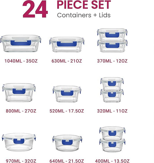 FineDine 24 Piece Glass Storage Containers with Lids - Leak Proof, Dishwasher Safe Glass Food Storage Containers for Meal Prep or Leftovers, Blue