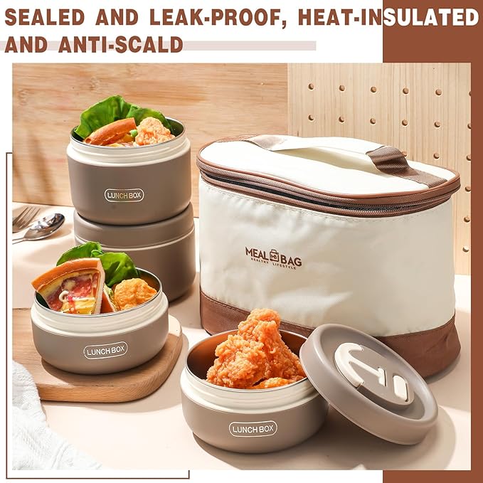Dandat 4 Pcs Insulated Bento Box Portable Stainless Steel Food Container Round Microwave Safe Stackable Leakproof Thermal Food Container for Adult Men Women with Insulated Bag, 74 oz (Khaki)