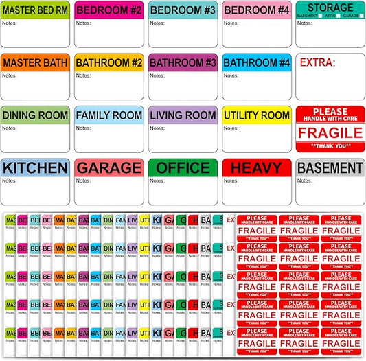 600 Writable Labels - 2' x 3', 20 Color-Coded Home Moving Packing Labels with Fragile, Extra, Heavy Options