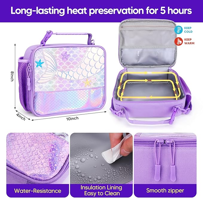 JYPS Mermaid Bento Box for Kids with Insulated Lunch Bag, Lunch box Set with kids water bottle,Sauce Container,Ice Pack,Utensils,Perfect Lunch Container for Girls and Toddlers Back to School Age 7-15