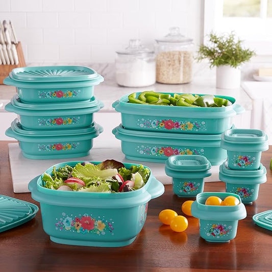 20 Piece Plastic Food Storage Container Variety Set, Breezy Blossom.20 Assorted Containers With Lids - (4) 1/2-Cup, (3) 3-Cup, (2) 4-Cup, (1) 5-Cup.Microwave Safe