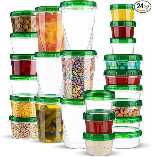 PLASTICPRO 24 Pack Twist Top Containers Assorted Sizes Plastic Food Storage Containers with Green Twist on Lids Stackable Reusable