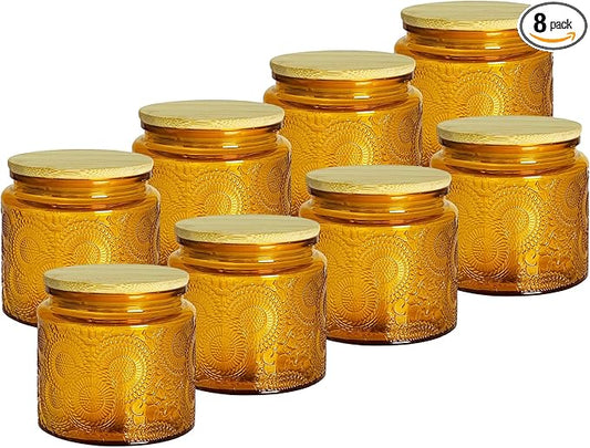 Decorative Glass Jars With Lids, 12 oz Small Vintage Food Storage Canning Jar With Airtight Bamboo Lid and Labels, For Spices Candle Making Apothecary Kitchen Bathroom (Amber, 8 pack)