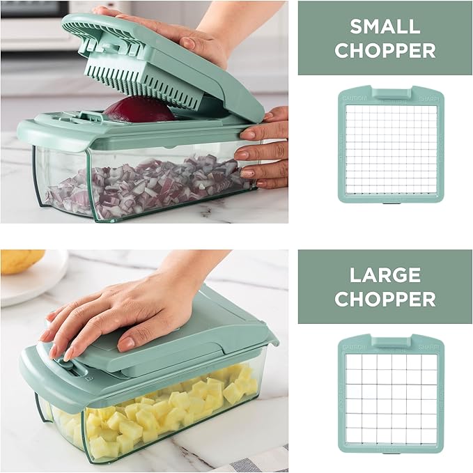 ook with Color Vegetable Chopper - Multifunctional 11 in 1 Vegetable Chopper with Container - Food Chopper to Dice, Chop, Slice, Julienne and Spiralize, Sage