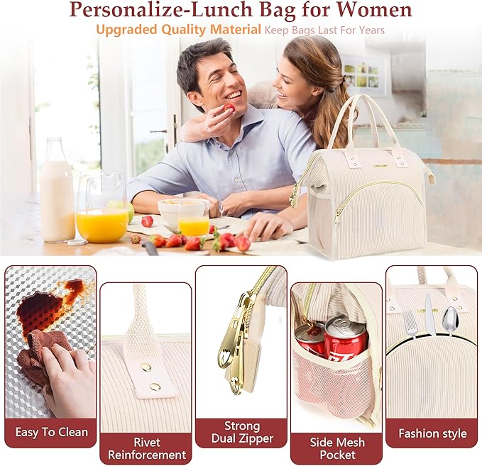 Personalized Initials Lunch Box for Women& Men,Preppy Reusable 10 L Insulated Lunch Bag,Leakproof Large Adults lunch tote Cooler Bags Insulated for Beach,Travel,Work,Picnic-Birthday Gifts（Beige）