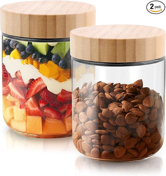 Glass jar with Bamboo lids 2 Set, 16oz overnight oats containers with lids, Glass Mason jars, Reusable Meal Prep Jars with Airtight Lids for Food Yogurt Snacks Storage