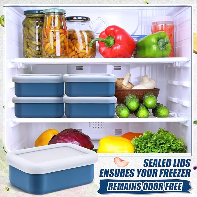 Nuogo 8 Pcs 1 Cup Silicone Freezer Trays with Lid Silicone Soup Molds Rectangle Soup Freezer Containers Reusable Food Preserving Tray Ice Trays for Soups Sauces Stews(Dark Blue)