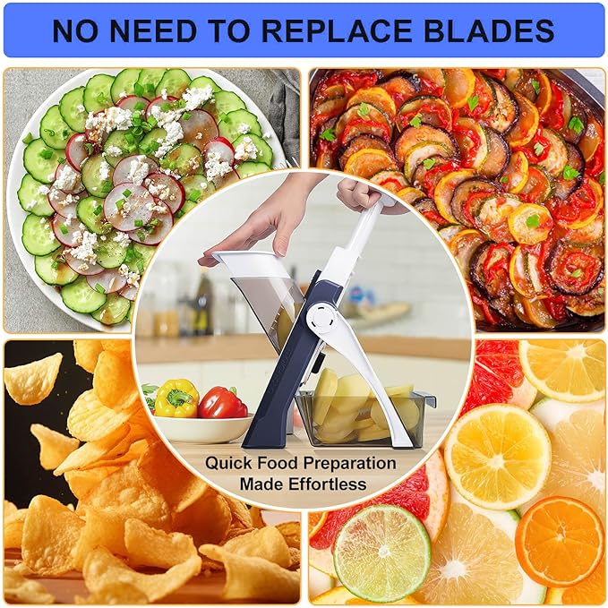 Safe Mandoline Slicer, Potato Vegetable Onion Slice, Julienne + Dicer for Vegetables, Kitchen Meal Prep With Thickness Adjuster Blue