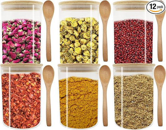 Glass Pantry Storage Containers, 27oz (6 Pack) Borosilicate Glass Food Jars with Airtight Bamboo Lids, 800ml Jar with 6 pcs Wooden Spoons