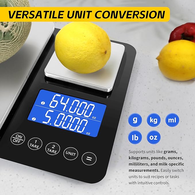 MaxWorks Dual Platform Digital Kitchen Scale 51069 22 lbs Capacity 11 inch x 7 inch x 1.18 inch Scale Units g kg lb oz ml Unit Conversion Tare Stainless Steel Tempered Glass + HIPS