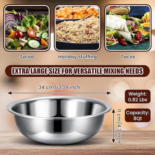 Nuogo 4 Pcs Stainless Steel Mixing Bowls Metal Mixing Bowls Extra Large Basin Salad Basin Deeper Edge Dishwasher Safe Mirror Finish for Home and Commercial, Silver (13 Inch 8 Qt)