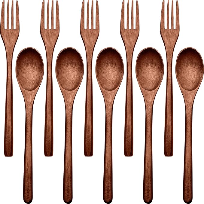Patelai Wooden Spoons Forks Set Wood Dinner Utensil Set Reusable Flatware Tableware Set Handmade Natural Cutlery Set Includes Wood Spoon Fork for Cooking Stirring Eating(10 Pieces)