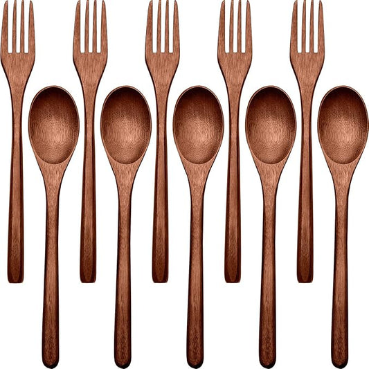 Patelai Wooden Spoons Forks Set Wood Dinner Utensil Set Reusable Flatware Tableware Set Handmade Natural Cutlery Set Includes Wood Spoon Fork for Cooking Stirring Eating(10 Pieces)