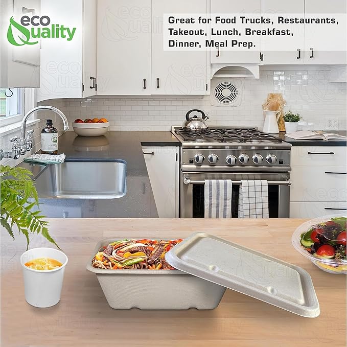 EcoQuality 24oz Disposable Bowls with Fiber Lids - Rectangular Compostable Sugarcane Fiber Biodegradable Paper Bowls Eco-Friendly Take Out Food Storage Containers, Microwave Safe, Meal Prep (500)