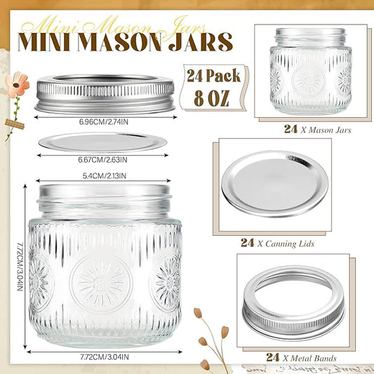 Mason Jars 8 oz - Small Glass Mason Jars with Silver Metal Lids, Regular Mouth Canning Jars, Safe For Storage, Canning, Pickling, Preserving, Fermenting, DIY Crafts & Decor (24Pack)