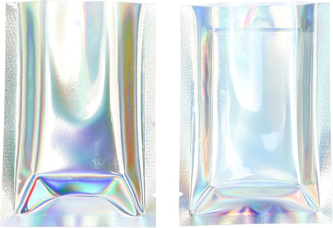 QQ Studio 100 PCS Metallic Mylar Foil Open Top Sealable Bags (7x10cm (2.7x3.9"), Clear & Holographic)