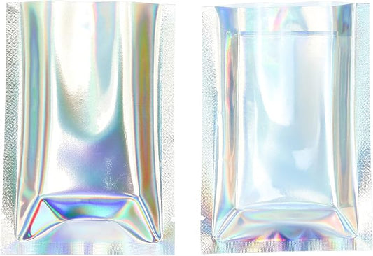 QQ Studio 100 PCS Metallic Mylar Foil Open Top Sealable Bags (7x10cm (2.7x3.9"), Clear & Holographic)