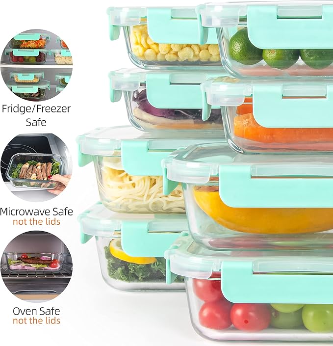 12 Pack Glass Storage Containers with Lids, Glass Meal Prep Containers Set, Airtight Food Storage Containers, Green