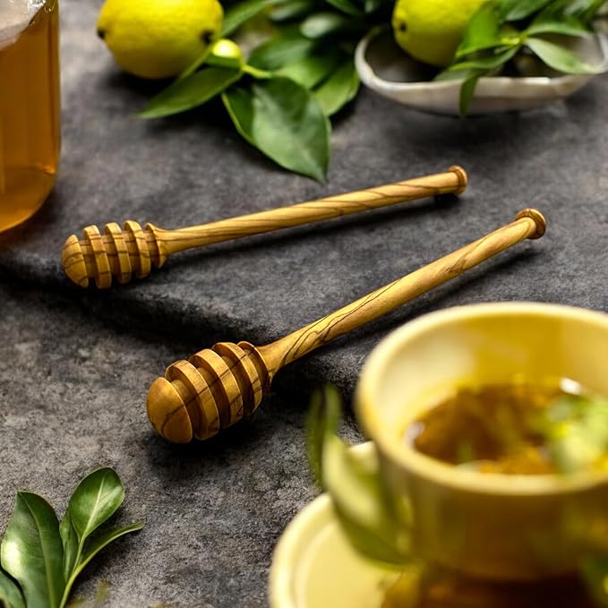 Set of 2 Olive Wood Honey Dippers, 7 Inch – Handcrafted Natural Wooden Honey Server – Food Safe