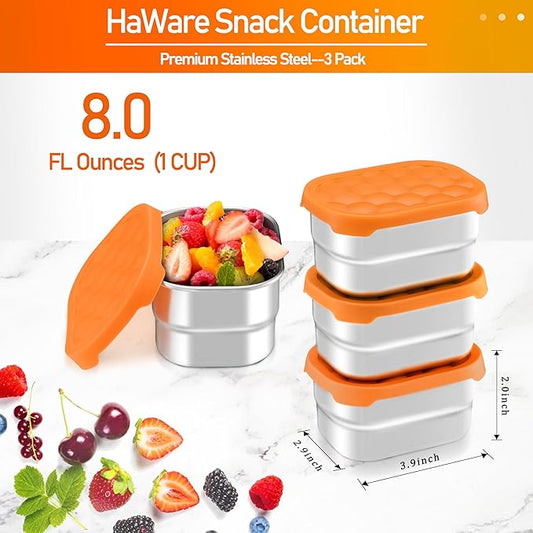 HaWare Stainless Steel Snack Containers for Toddlers and Kids, 8 oz Leak Proof Food Storage Containers with Silicone Lids, Stackable & Reusable Small Metal Lunch Box for Daycare and School- 3 Packs