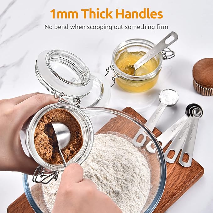 18/8 Stainless Steel Measuring Spoons Set for Dry and Liquid Ingredients (Set of 8), and 600ºF Heat Resistant Silicone Turners, 13.6in Long Solid & Slotted Kitchen Spatula (Aqua Sky)
